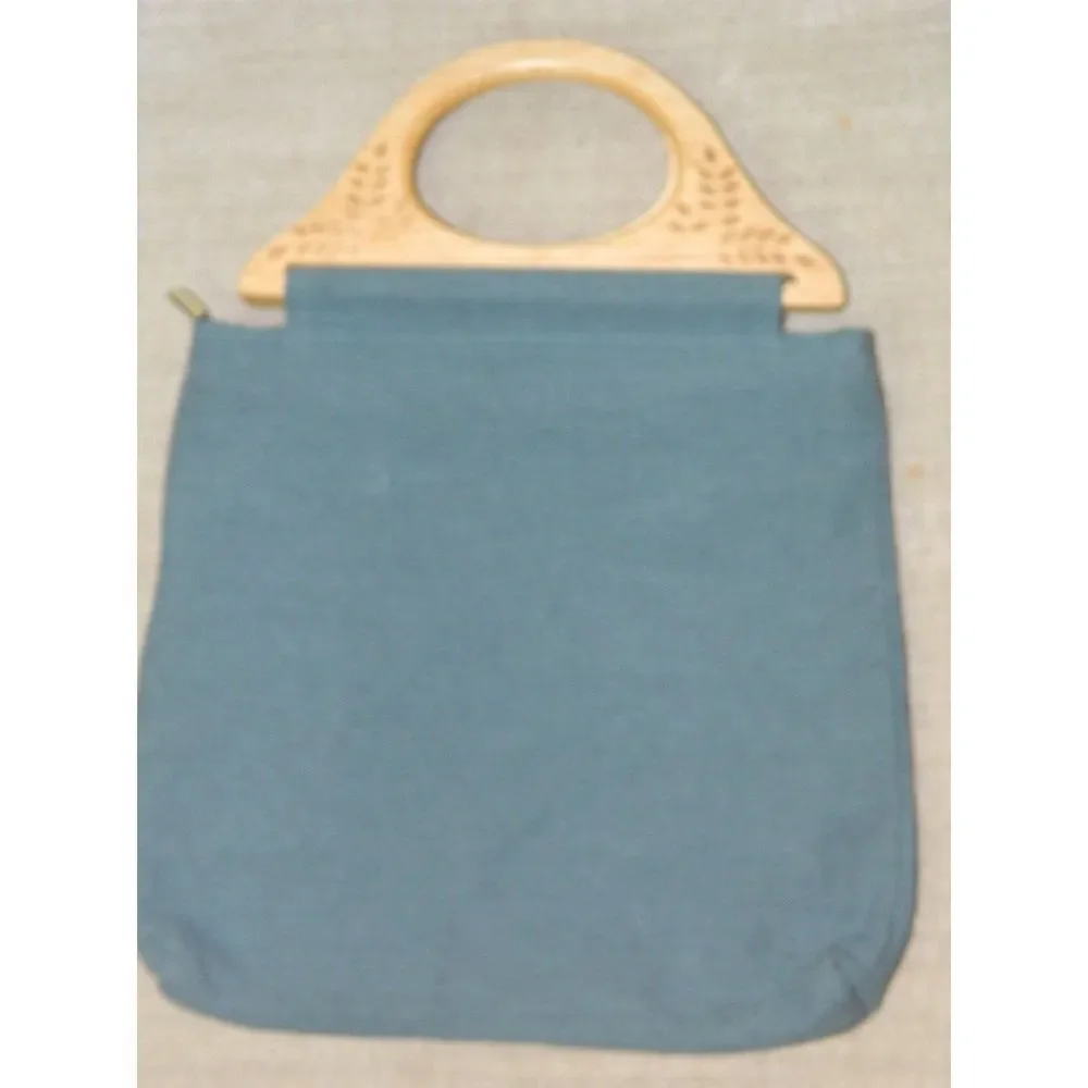 Vintage Blue Green Purse Wood Handles Pink Green‎ Floral Embroidery